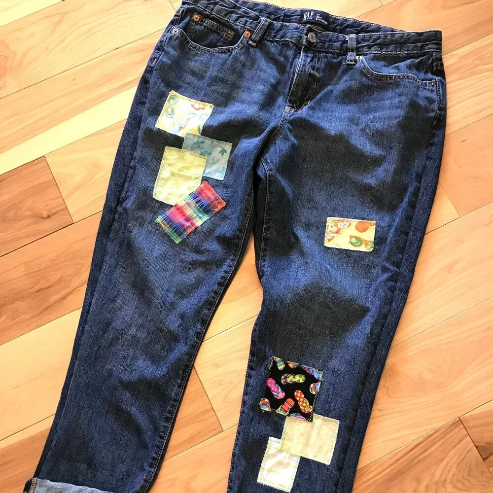 Patchwork Denim Capri Pants, Upcycled Gap Summer Patch Cropped Jeans 30 Waist